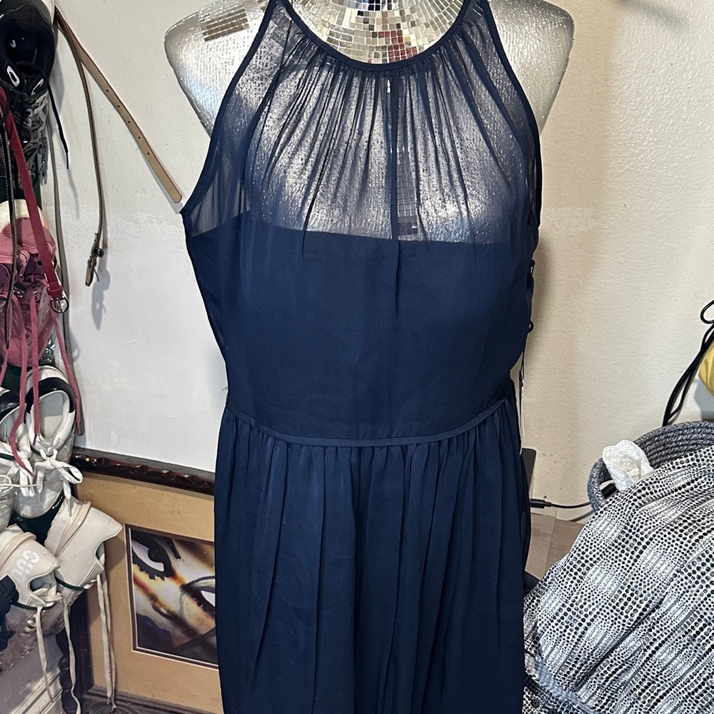 Adrianna Papell Navy Halter Maxi Dress with Sheer Yoke